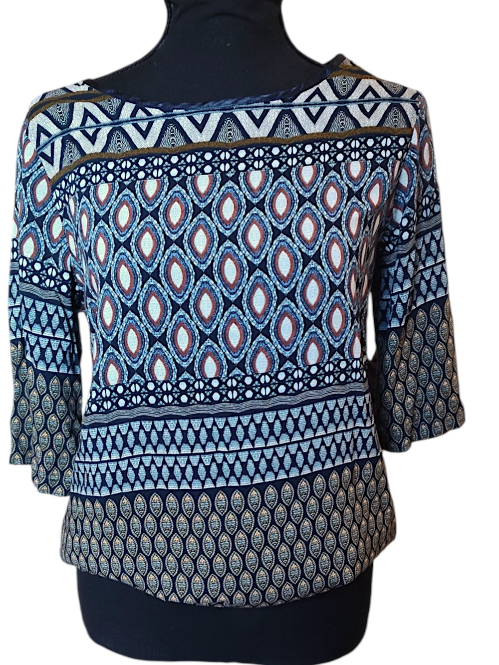 Valentina Mixed-Print Boatneck Blouse in Navy, Cream and Earth Tones Nwot